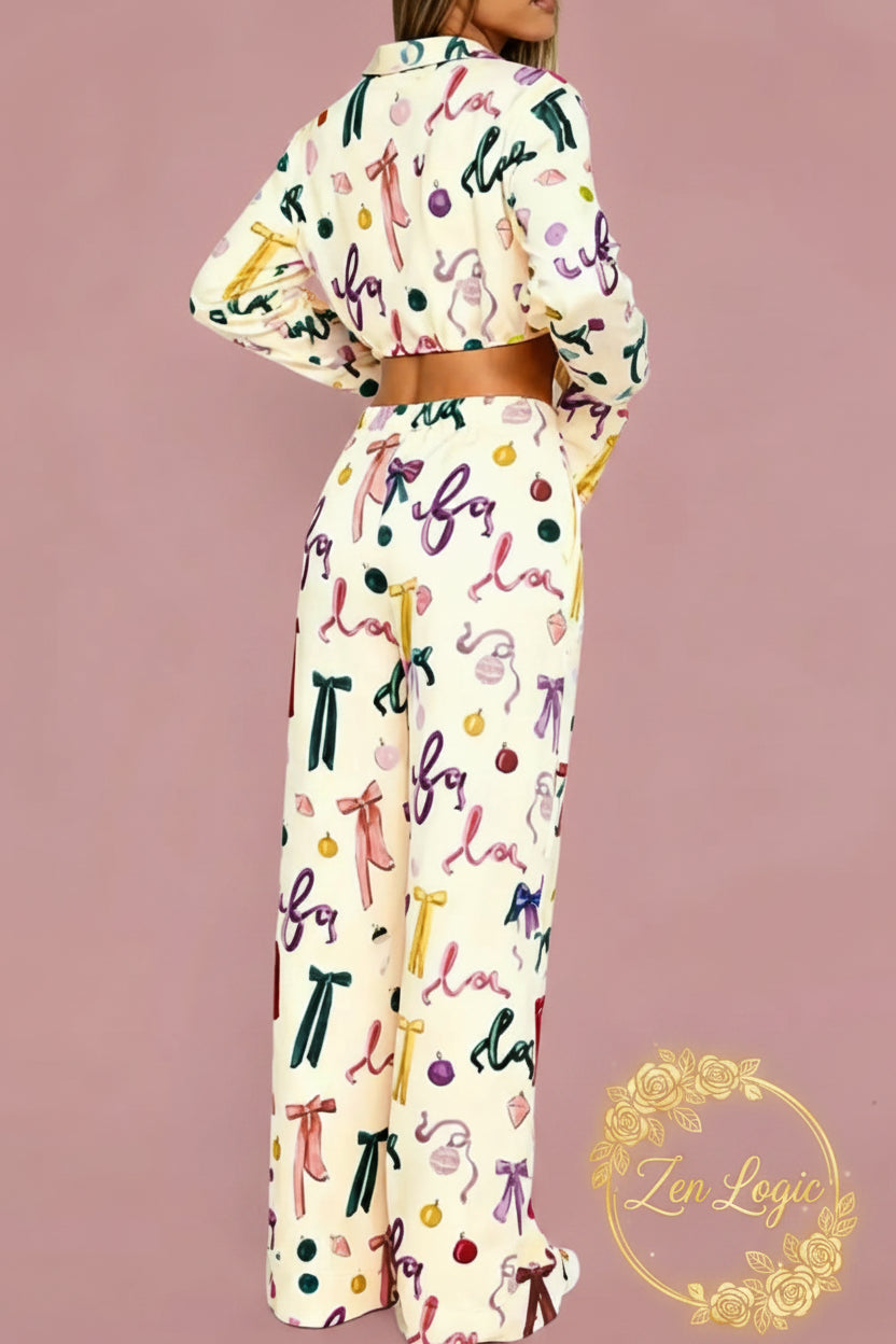 Bow Print Top and Wide Leg Pants Lounge Set - Goldflame Elixir
