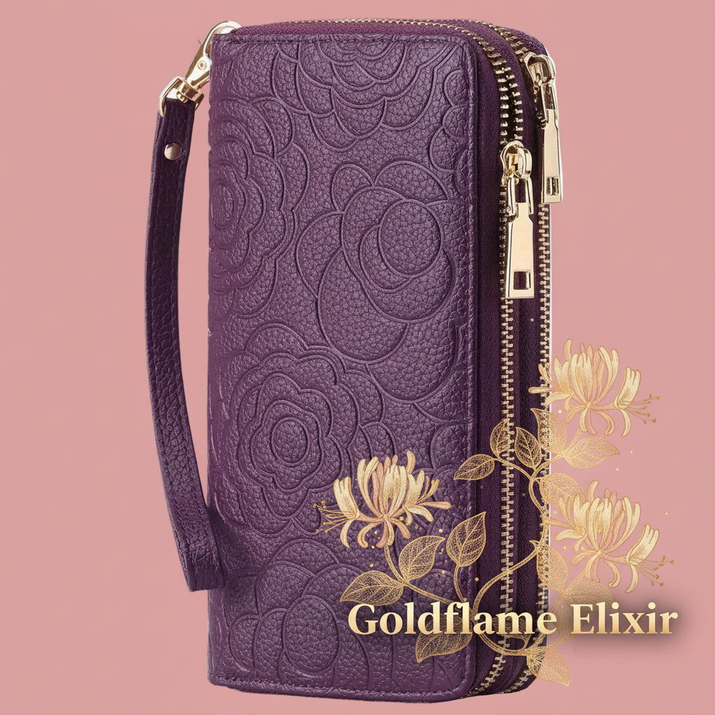 Embossed Floral Pattern Double Zipper Wallet - Goldflame Elixir