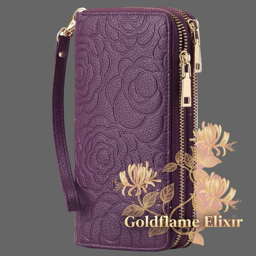 Embossed Floral Pattern Double Zipper Wallet - Goldflame Elixir
