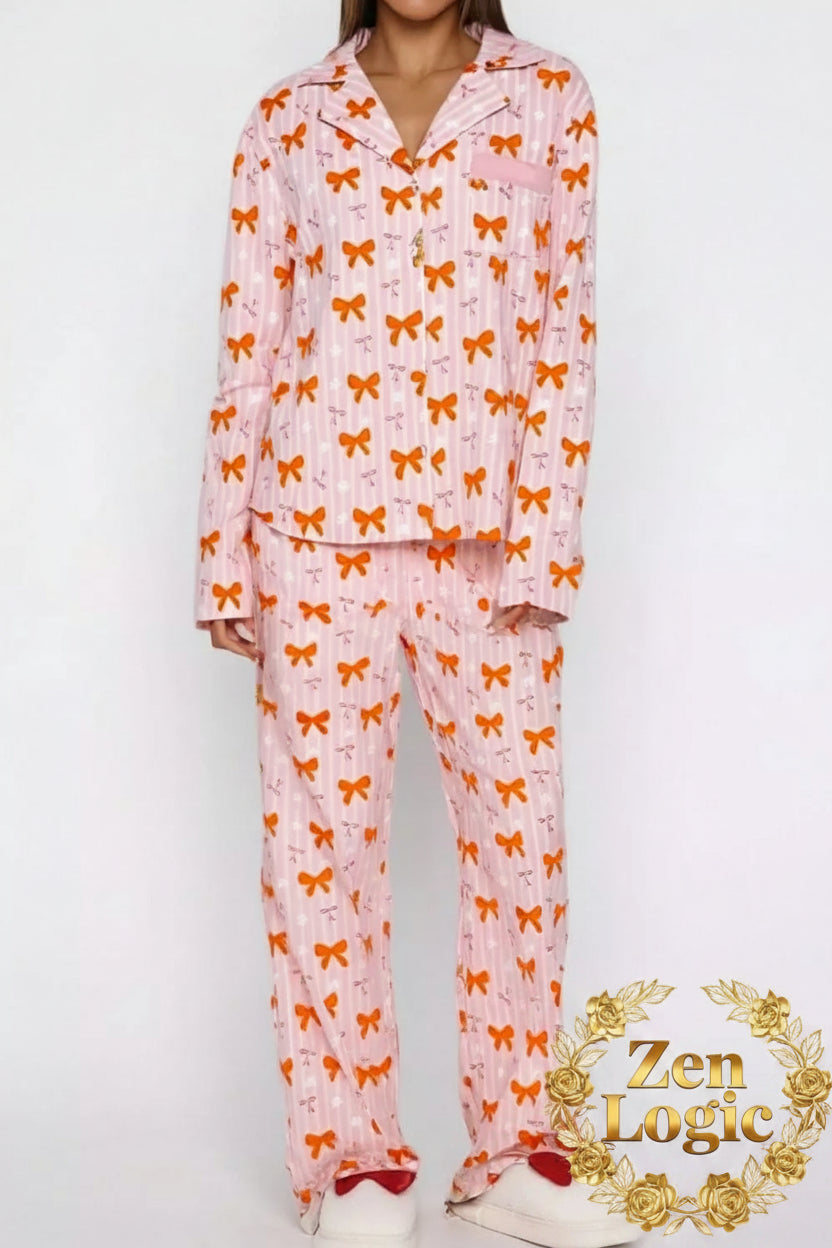 Bow Print Top and Wide Leg Pants Lounge Set - Goldflame Elixir