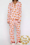 Bow Print Top and Wide Leg Pants Lounge Set - Goldflame Elixir