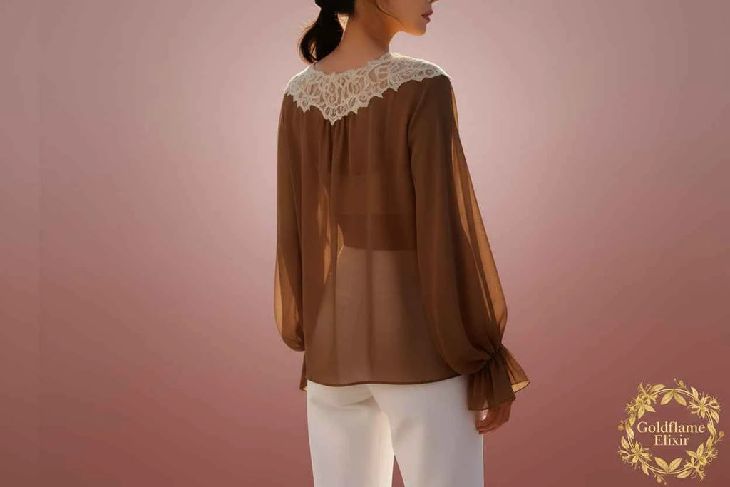 Sheer Lace-Trimmed Front Tie Blouse - Goldflame Elixir