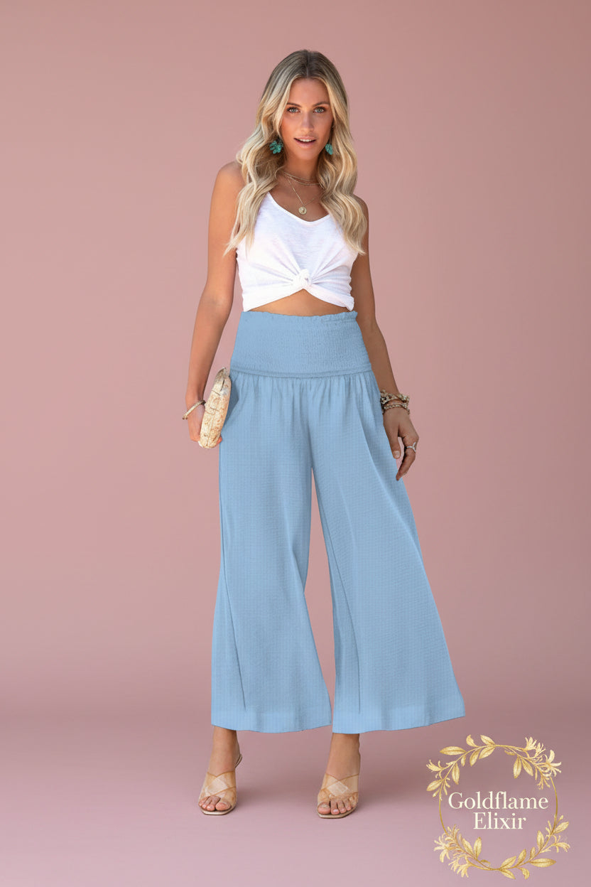 Wide-Leg Smocked Waist Pants for Effortless Style - Goldflame Elixir