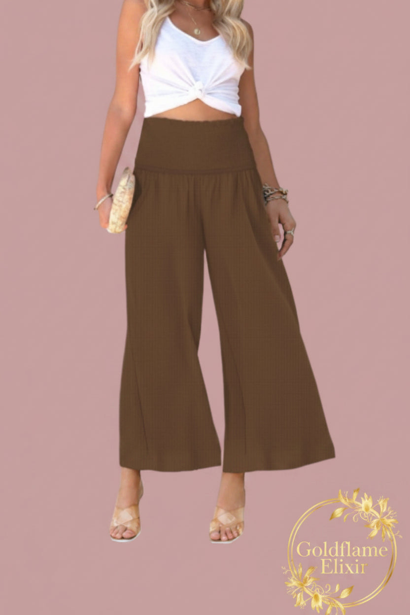 Wide-Leg Smocked Waist Pants for Effortless Style - Goldflame Elixir