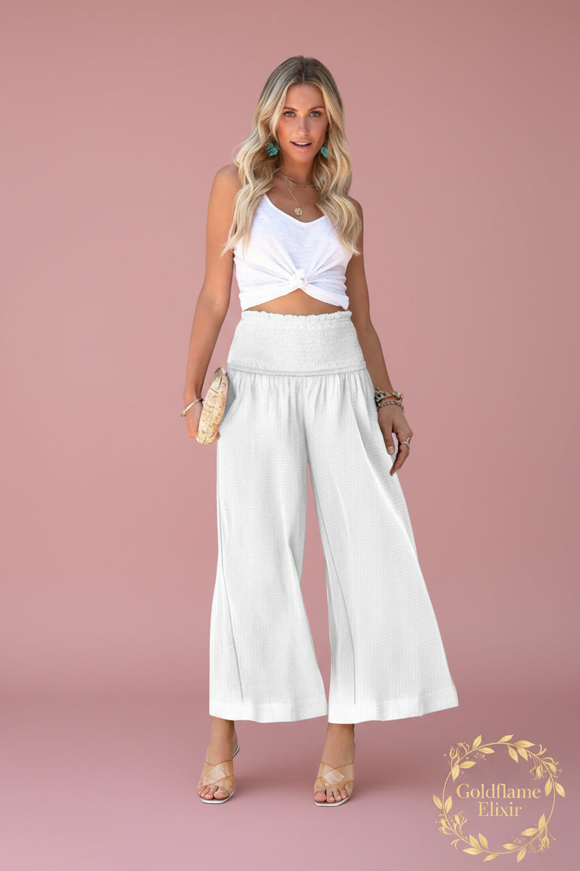 Wide-Leg Smocked Waist Pants for Effortless Style - Goldflame Elixir