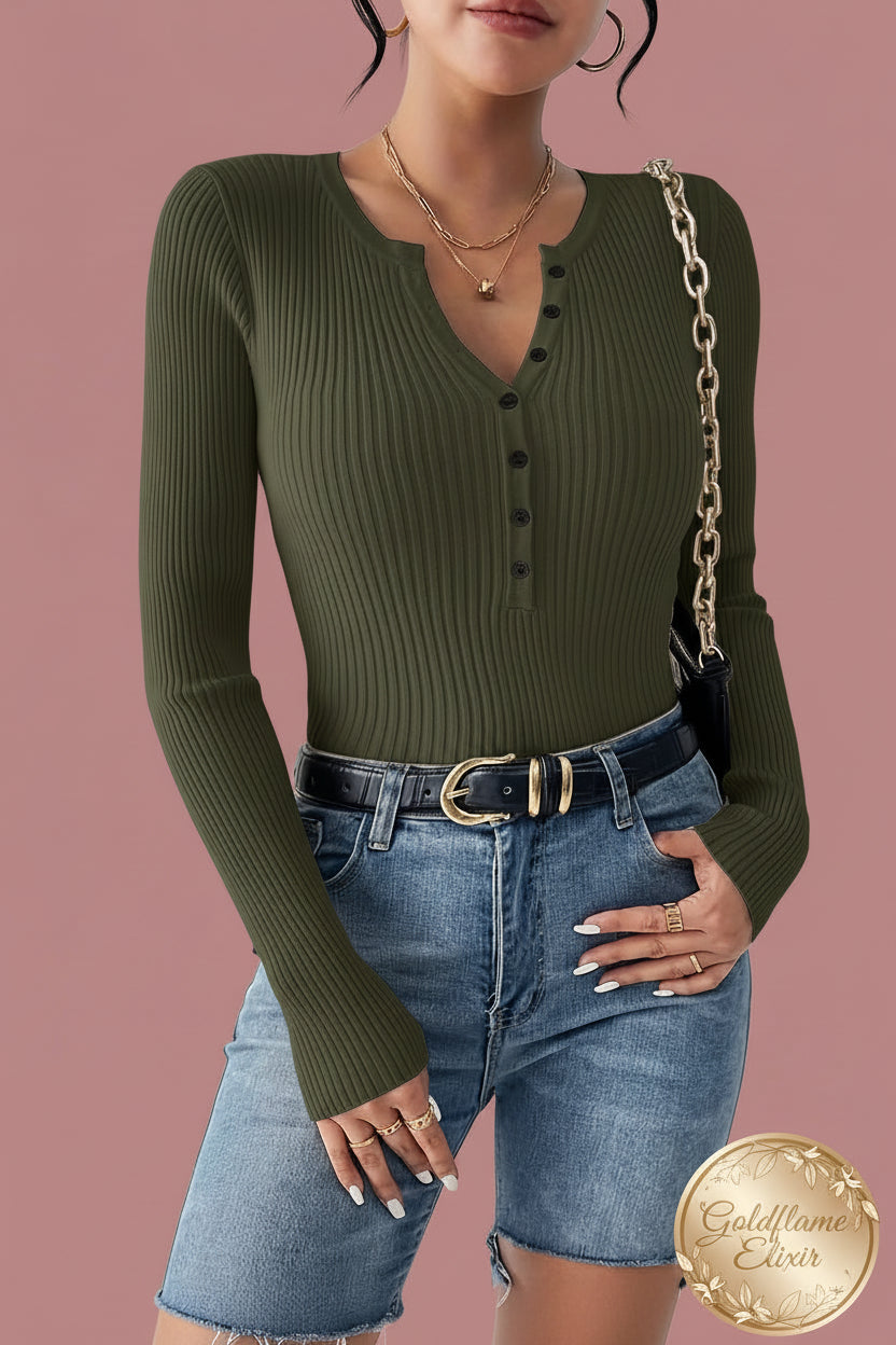 Ribbed Knit Button Front Knit Top - Goldflame Elixir