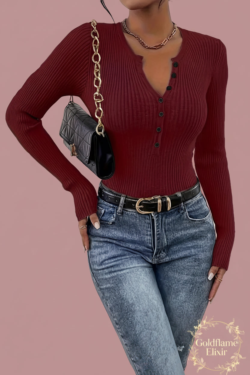 Ribbed Knit Button Front Knit Top - Goldflame Elixir