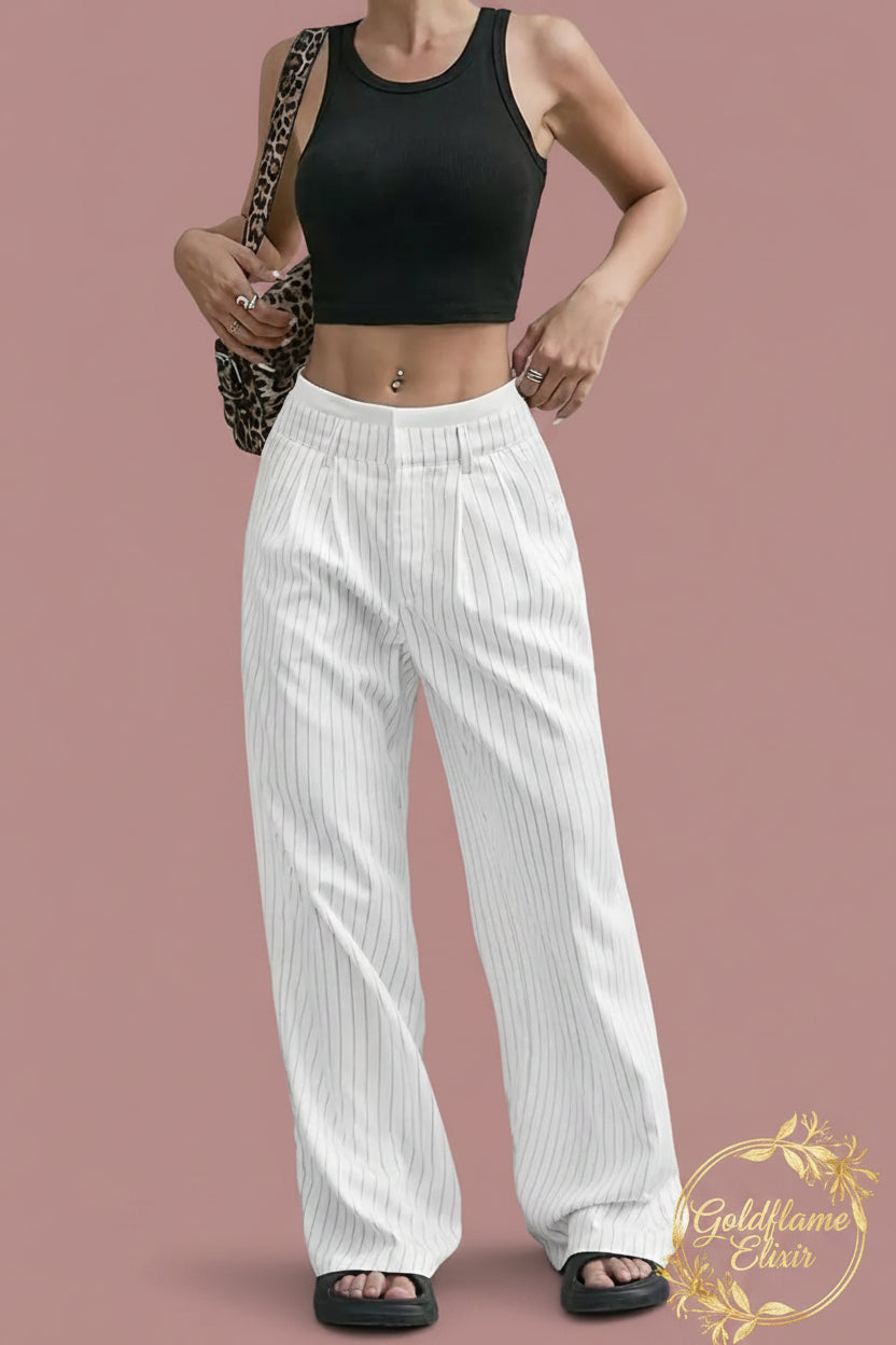 High-Waisted Pinstripe Wide-Leg Pants for Effortless Style - Goldflame Elixir