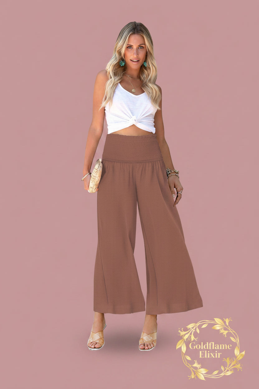 Wide-Leg Smocked Waist Pants for Effortless Style - Goldflame Elixir