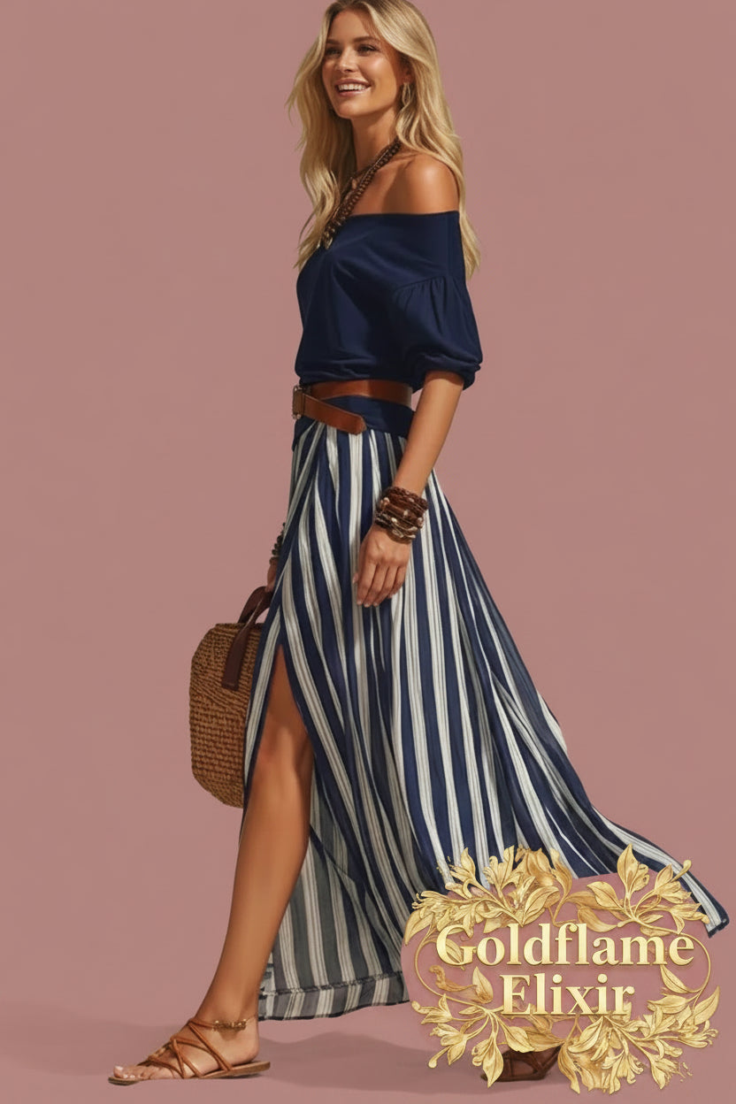 Off Shoulder Top and Striped Maxi Skirt Set with Belt - Chic Two-Piece Ensemble - Goldflame Elixir