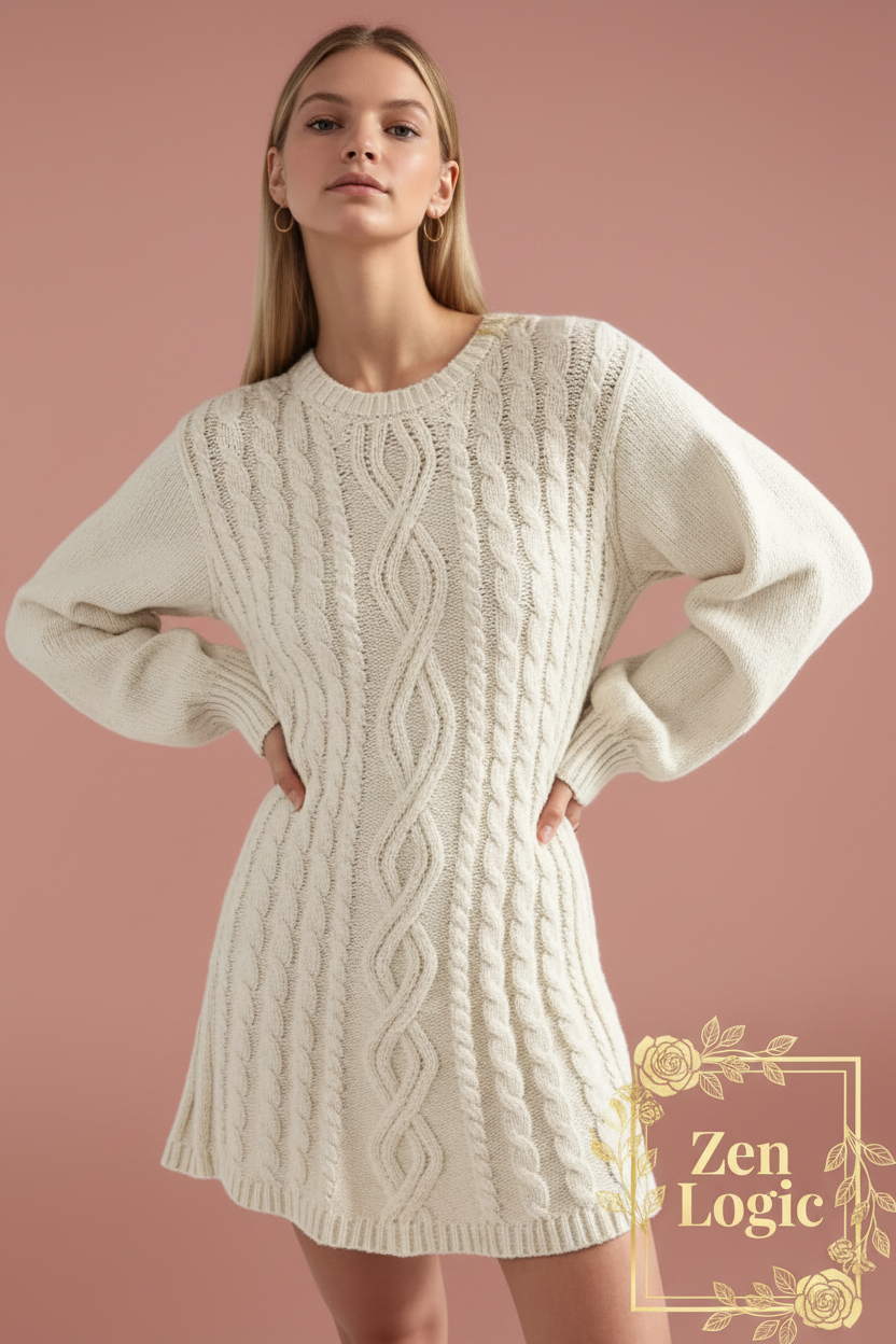 Cable Knit Sweater Mini Dress - Goldflame Elixir