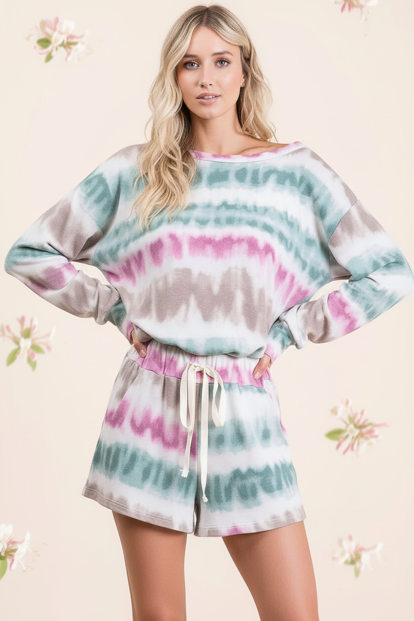 Tie-dye terry sweatshirt with crew neck, long sleeves, green pink taupe stripes
