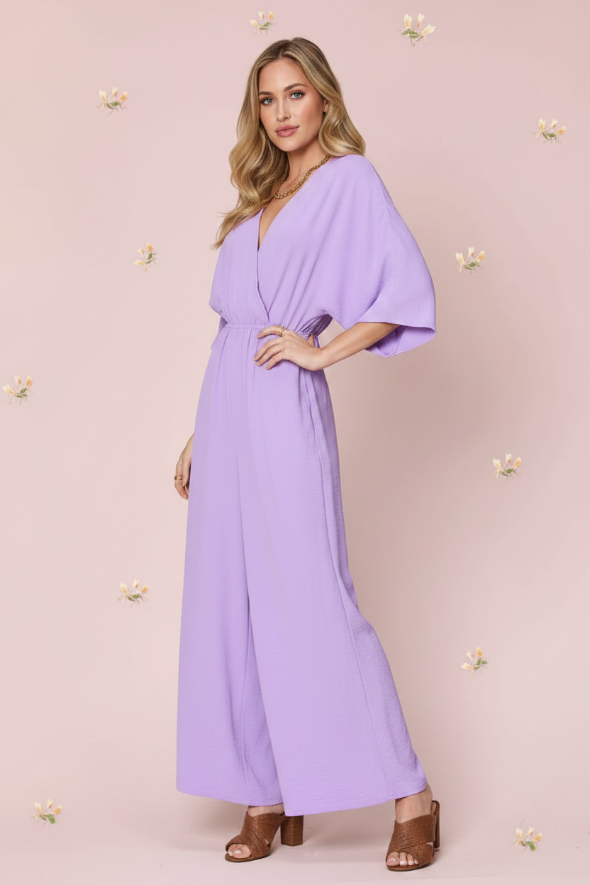 Lavender surplice V-neck wide-leg jumpsuit with tie waist and pockets