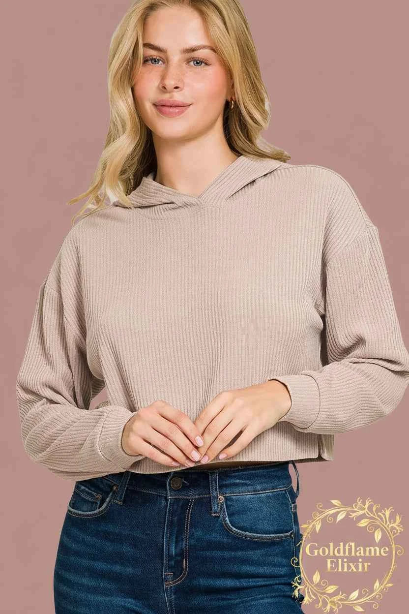 Elevate Your Style with the Zenana Drop Shoulder Ribbed Crop Hoodie - Goldflame Elixir
