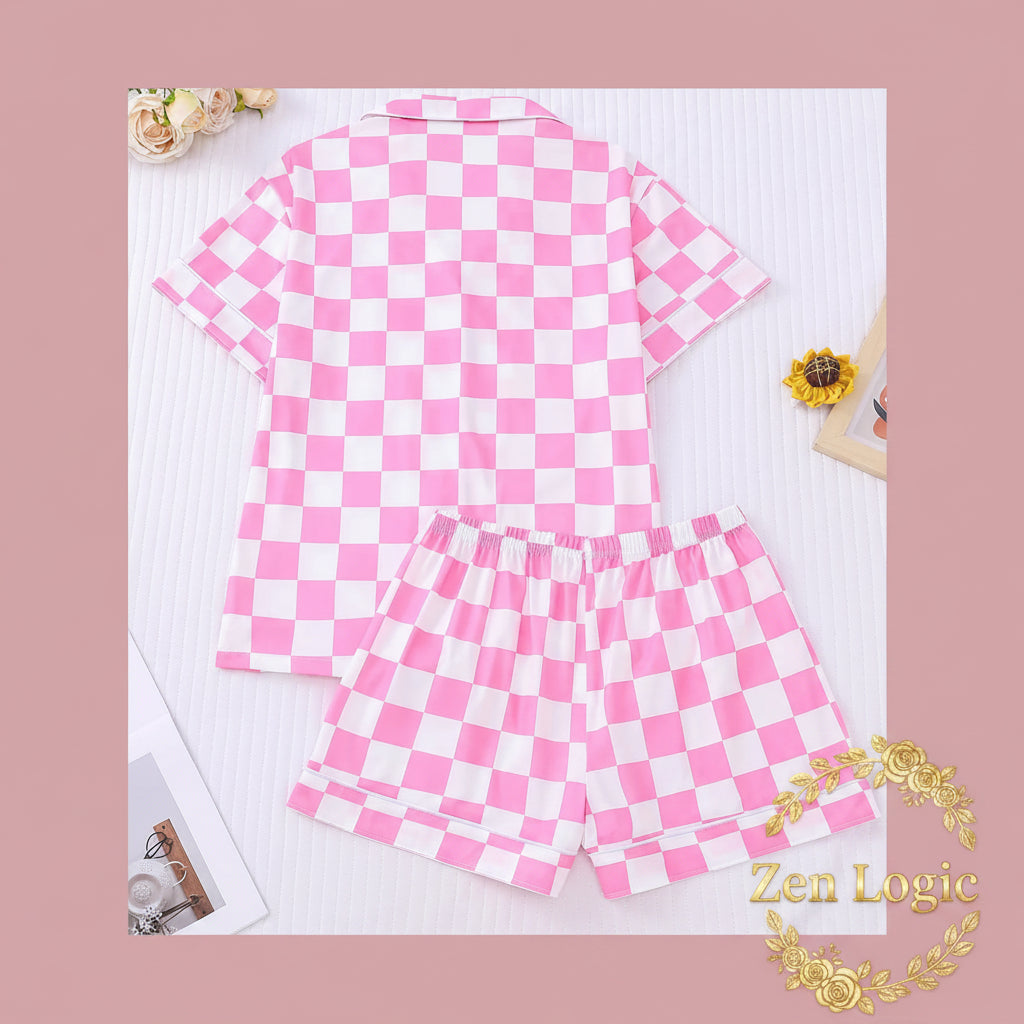 Checkered Print Button Up Top and Shorts Lounge Set - Goldflame Elixir