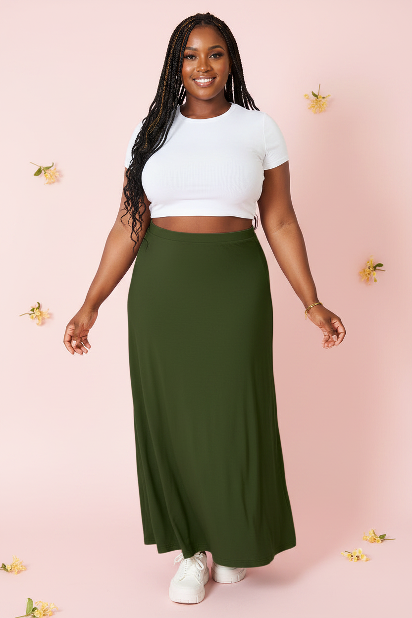 Dark green rayon maxi skirt with drawstring waist, straight full-length silhouette