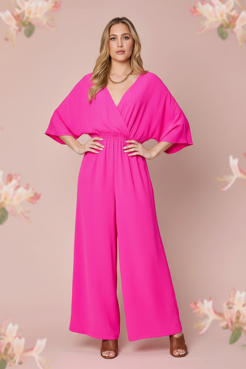 Pink surplice V-neck wide-leg jumpsuit with tie waist and pockets, full length