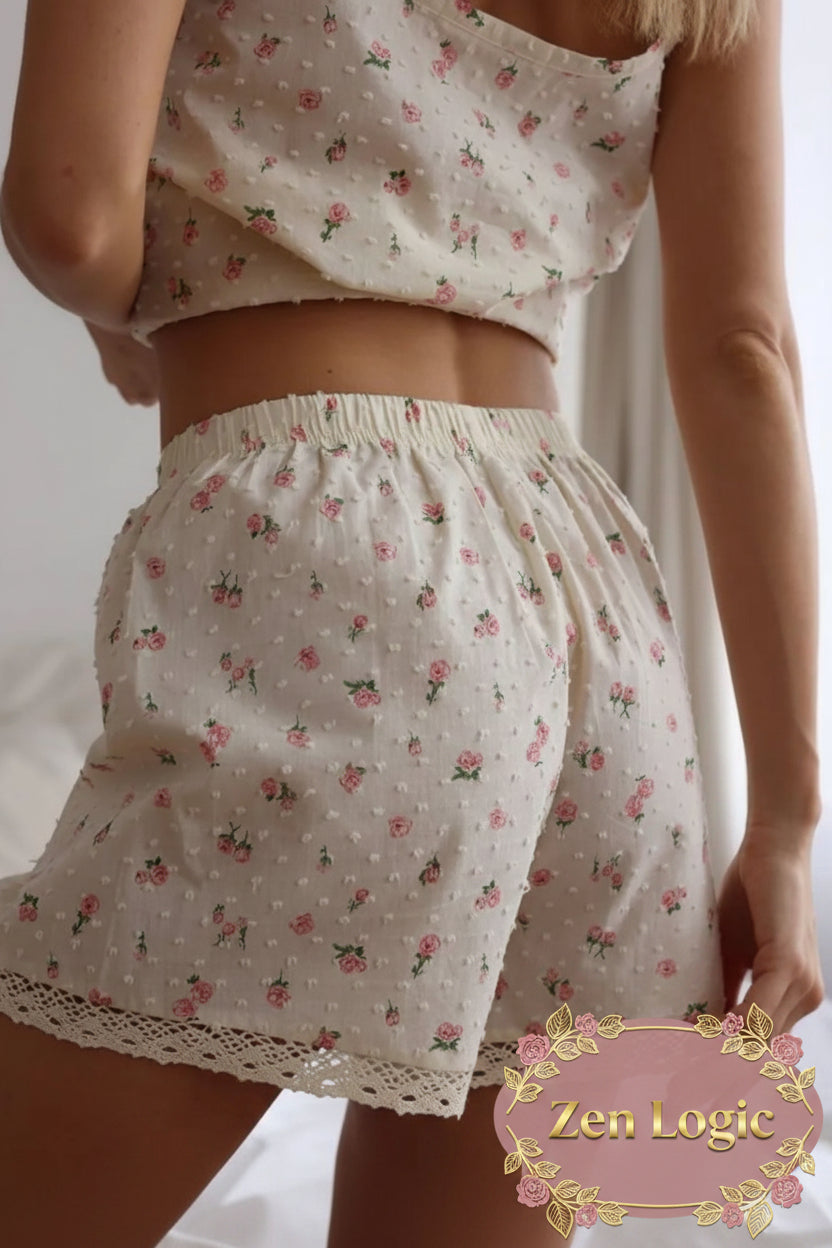 Floral Print Lace Trim Cami and Shorts Set - Goldflame Elixir
