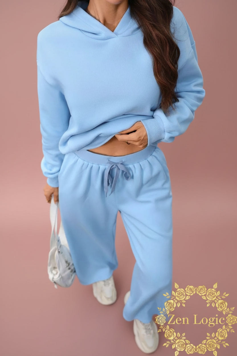 Kangaroo Pocket Hoodie and Wide-Leg Pant Set - Comfort Meets Style - Goldflame Elixir