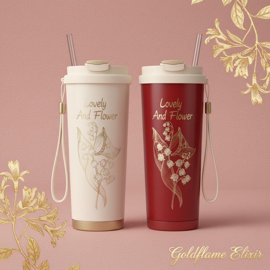 Lovely and Flower Aesthetic Tumbler with Straw - Goldflame Elixir