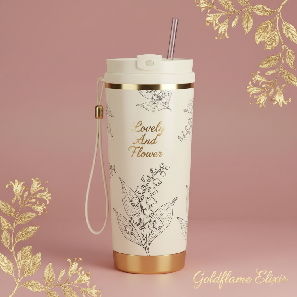 Lovely and Flower Aesthetic Tumbler with Straw - Goldflame Elixir