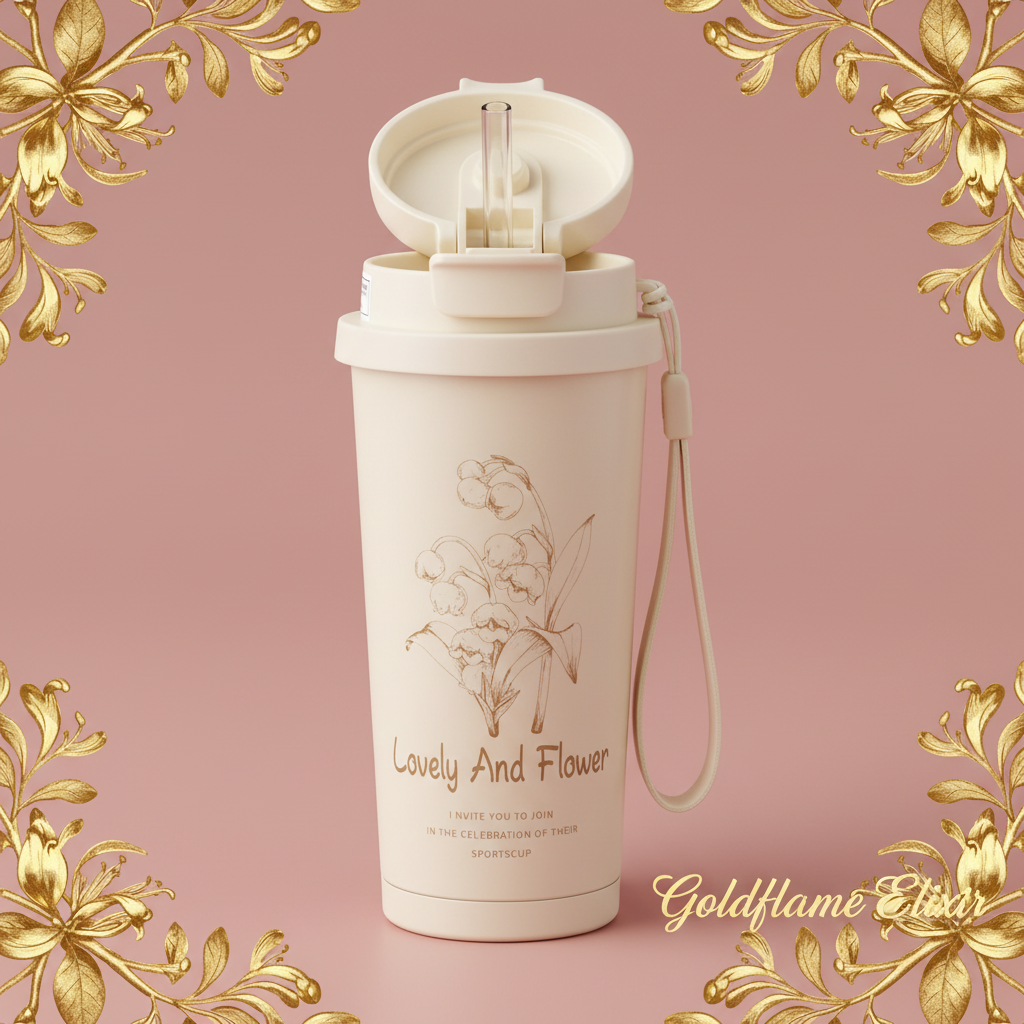 Lovely and Flower Aesthetic Tumbler with Straw - Goldflame Elixir