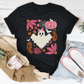 Black Halloween ghost T-shirt with pink pumpkin, bow, spiderweb and floral print