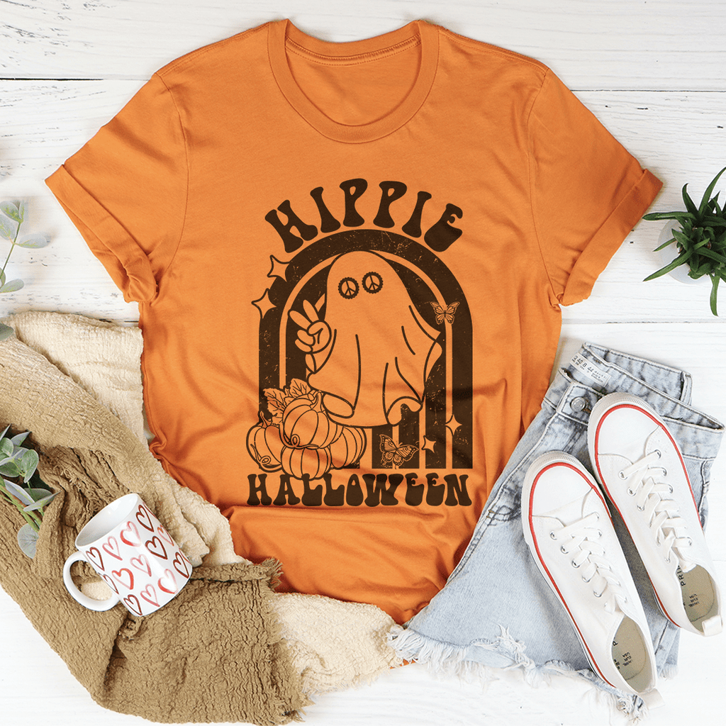Burnt orange Halloween graphic T-shirt with arch cat face and Hippie Halloween text
