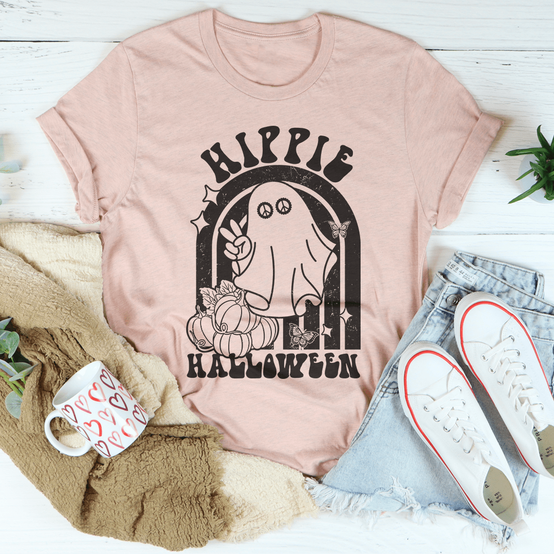 Light pink Halloween graphic T-shirt with arch cat face and Hippie Halloween text