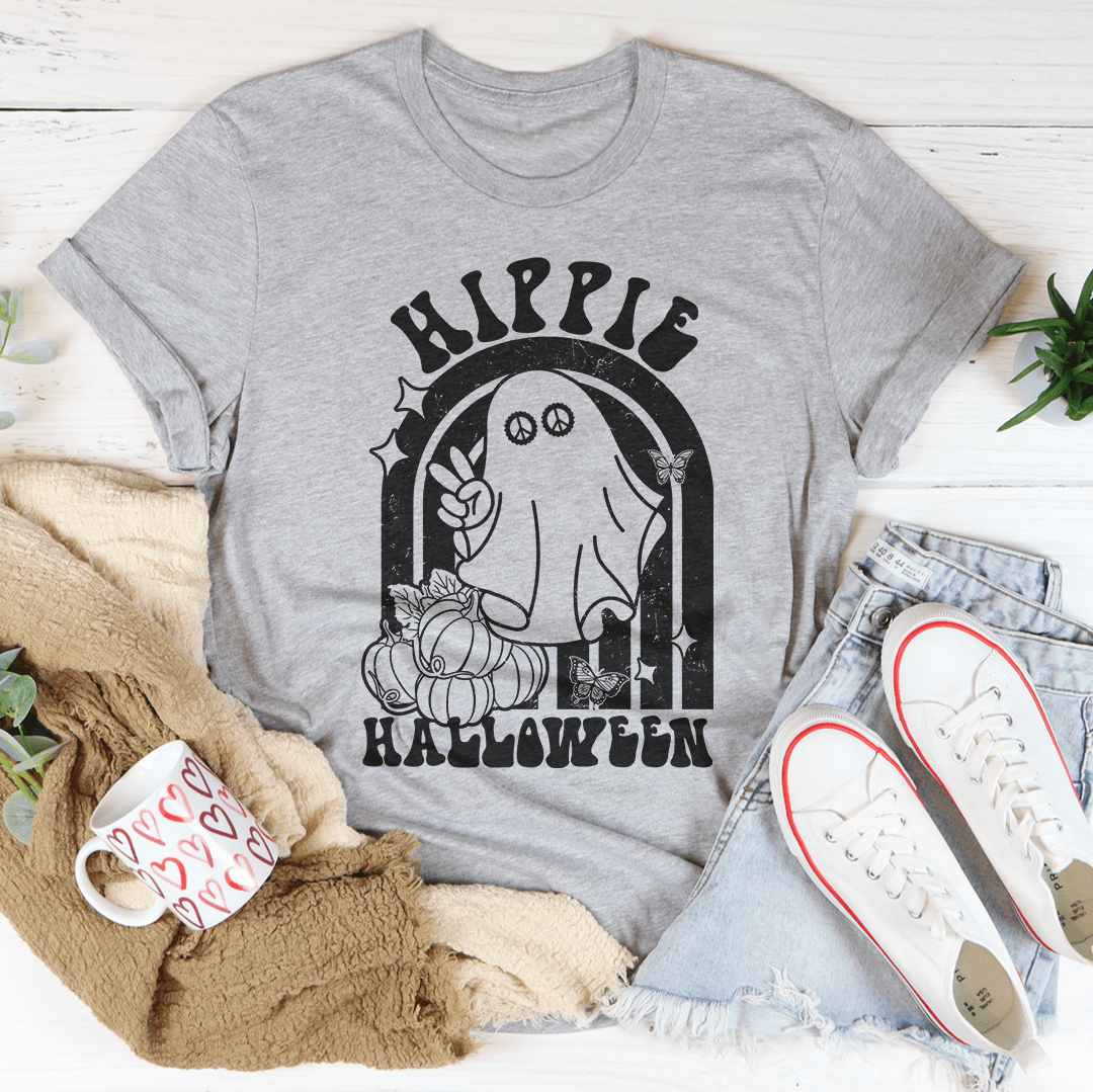 Heather gray Halloween graphic T-shirt with arch cat face and Hippie Halloween text