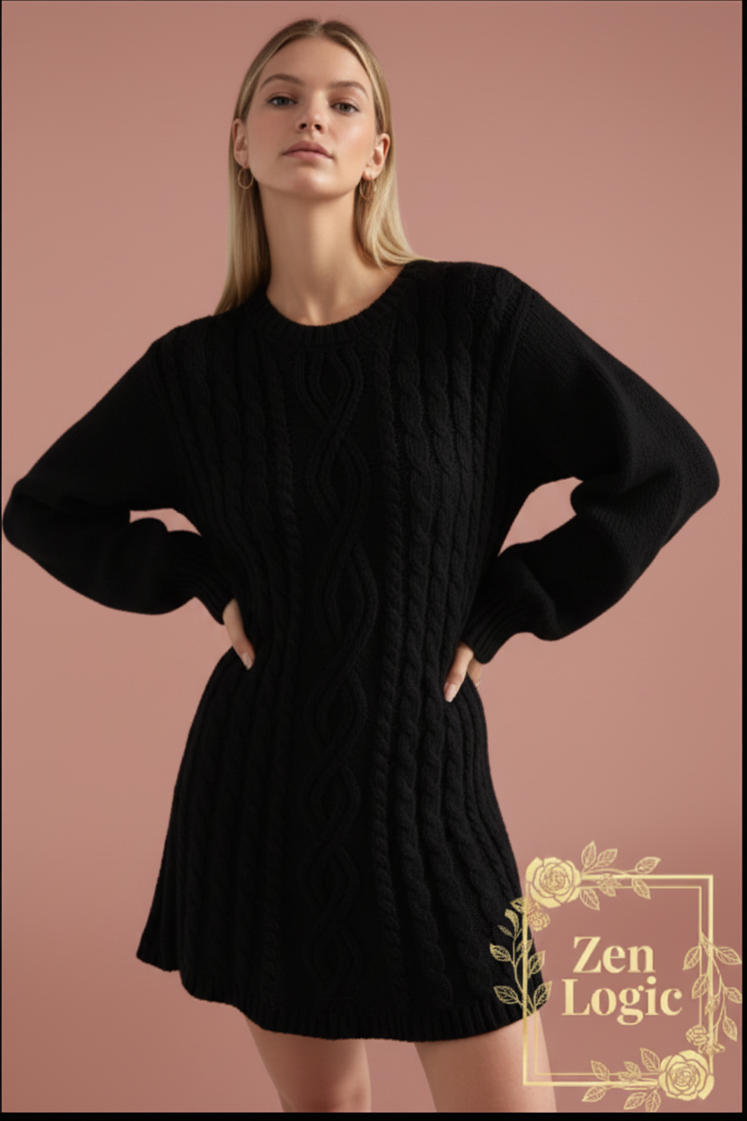 Cable Knit Sweater Mini Dress - Goldflame Elixir
