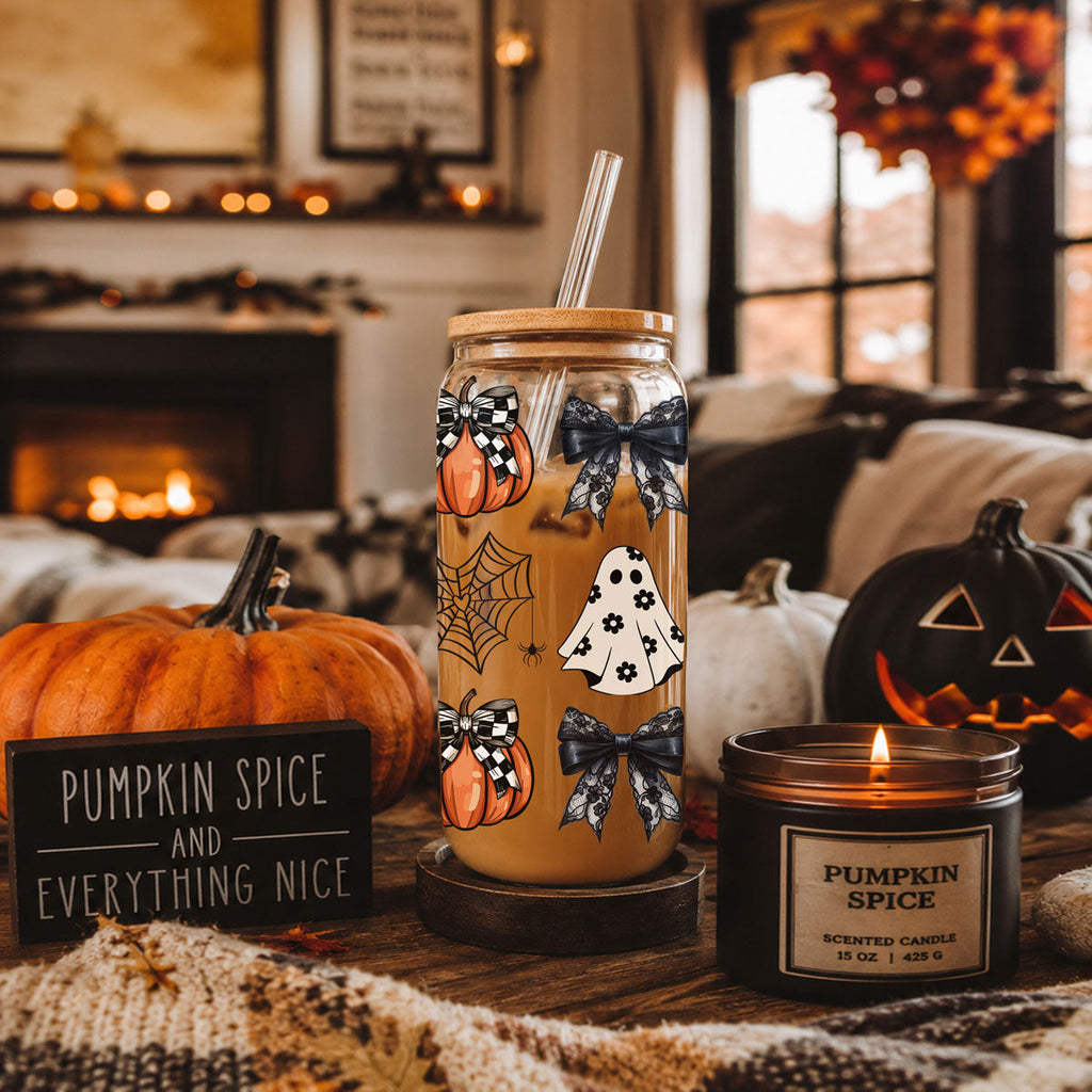 20oz Halloween drink jar with straw and wooden lid, pumpkins and bats printed across