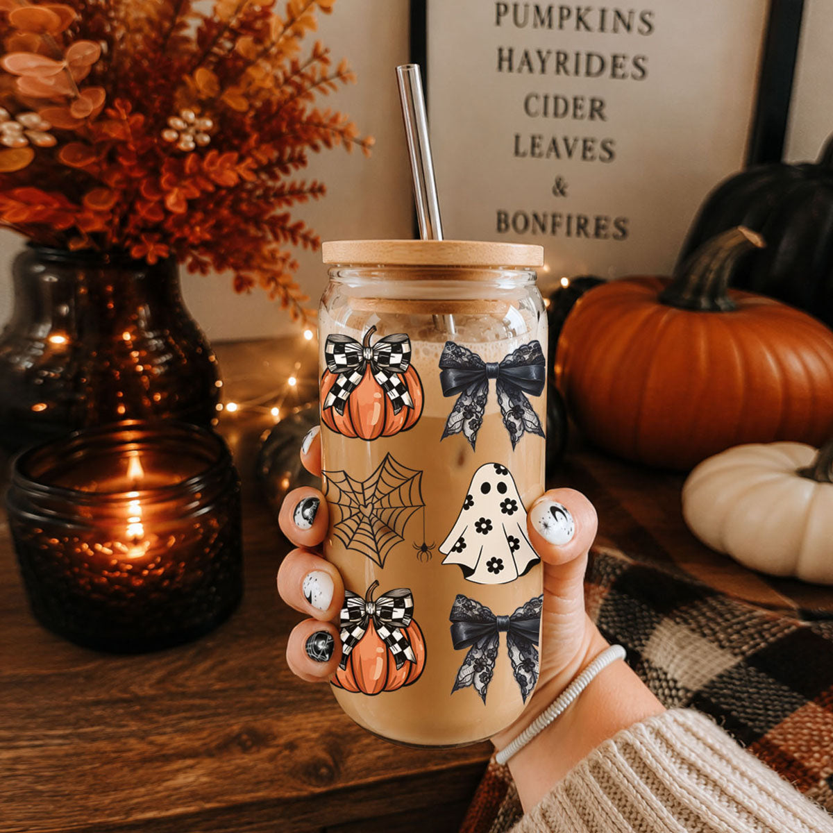 20oz Halloween drink jar with clear body, straw, wooden lid, pumpkins, bats, spiderweb wrap