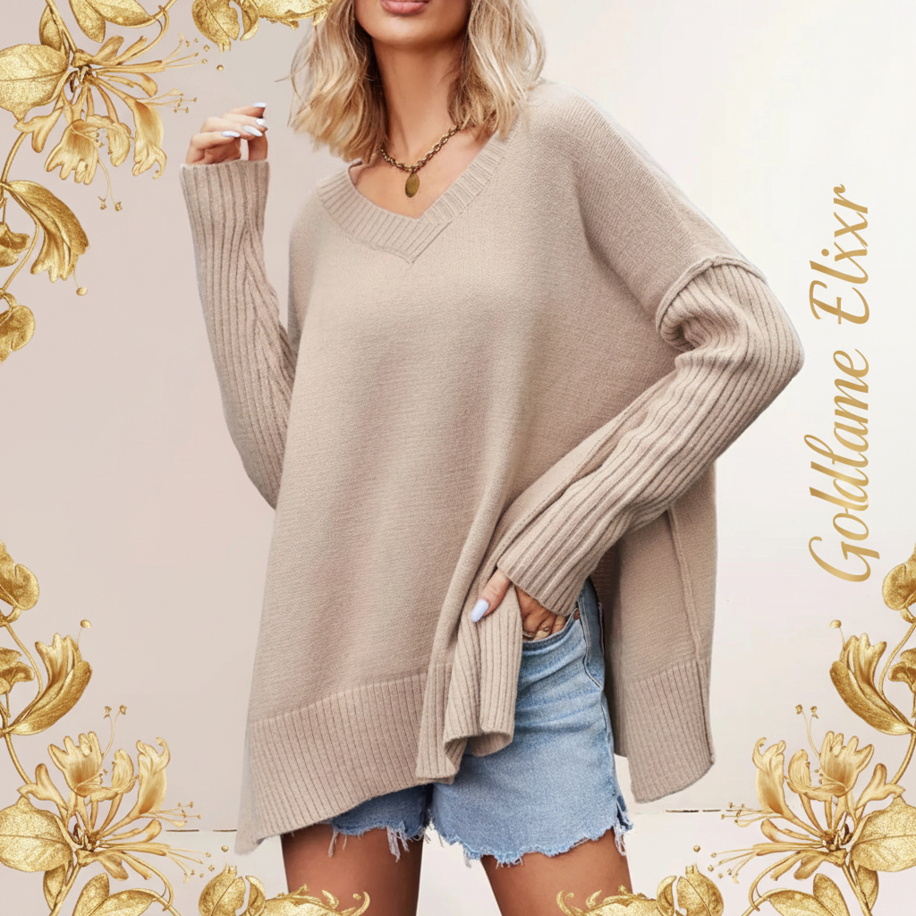 V-Neck Ribbed Sleeve Sweater - Comfortable Style for Every Occasion - Goldflame Elixir