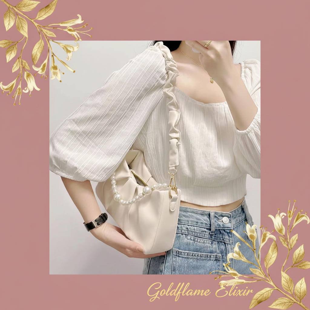 Pearl Embellished Ruched Shoulder Bag: Elevate Your Style - Goldflame Elixir