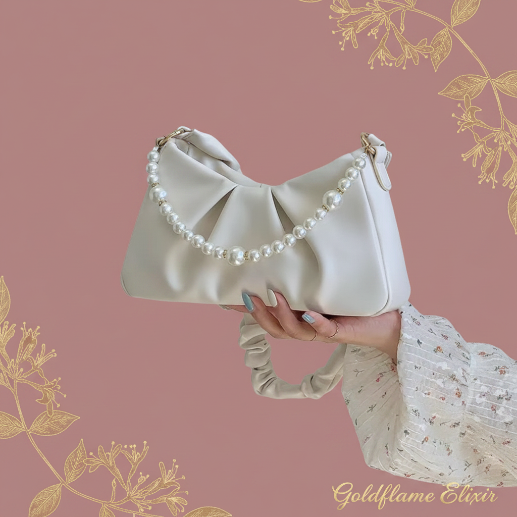 Pearl Embellished Ruched Shoulder Bag: Elevate Your Style - Goldflame Elixir