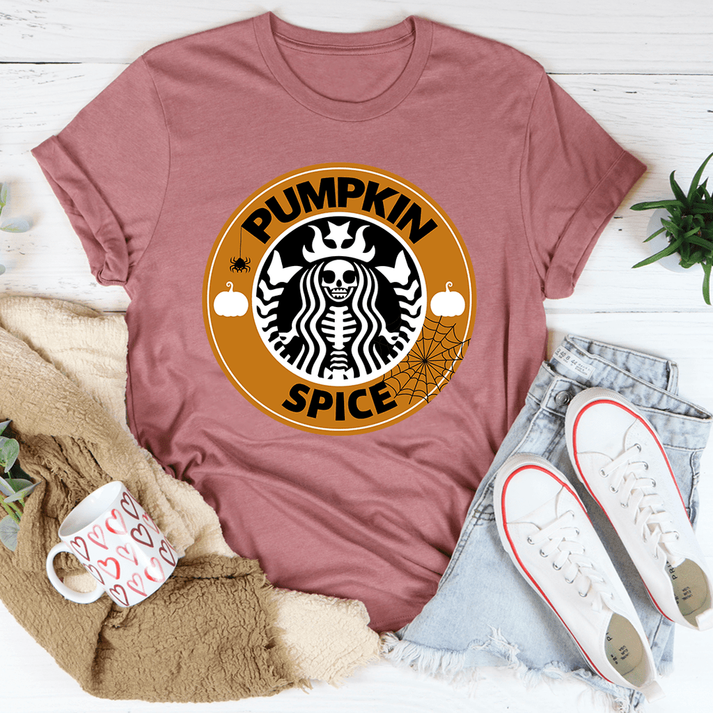 Rose mauve crewneck T-shirt with Pumpkin Spice graphic logo on front