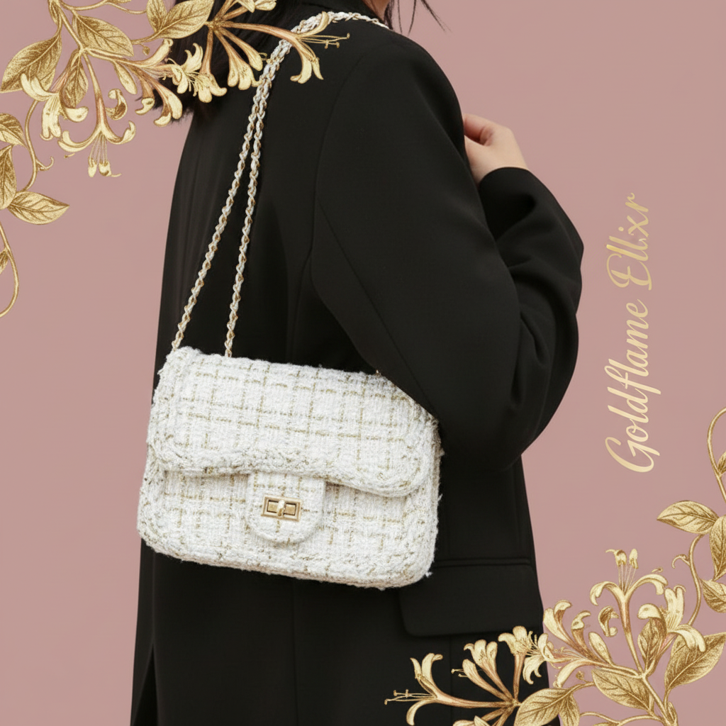 Tweed Chain Shoulder Bag - Elevate Your Style with Timeless Elegance - Goldflame Elixir
