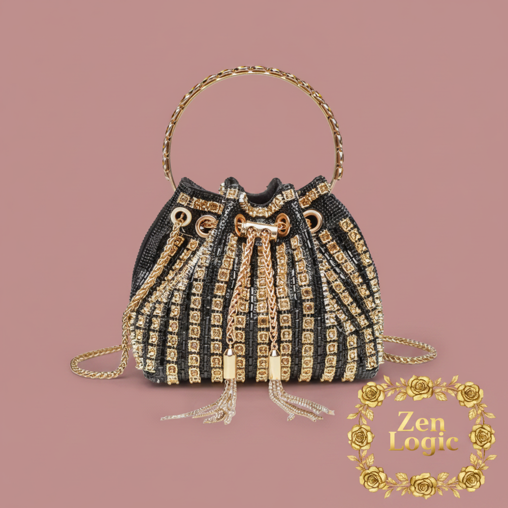 Rhinestone Embellished Bucket Crossbody Bag - Goldflame Elixir