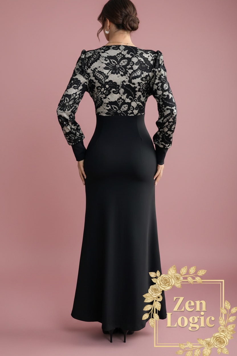 Lace V-Neck Long Sleeve Maxi Dress - Elegant and Effortless Style - Goldflame Elixir
