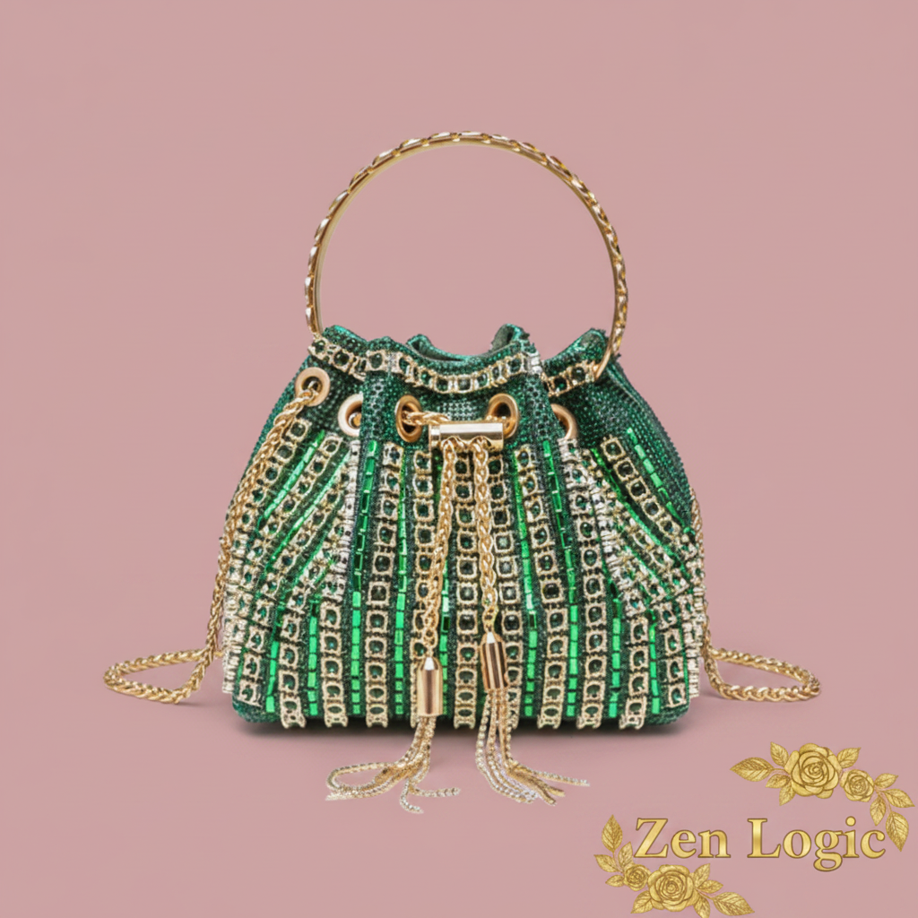 Rhinestone Embellished Bucket Crossbody Bag - Goldflame Elixir