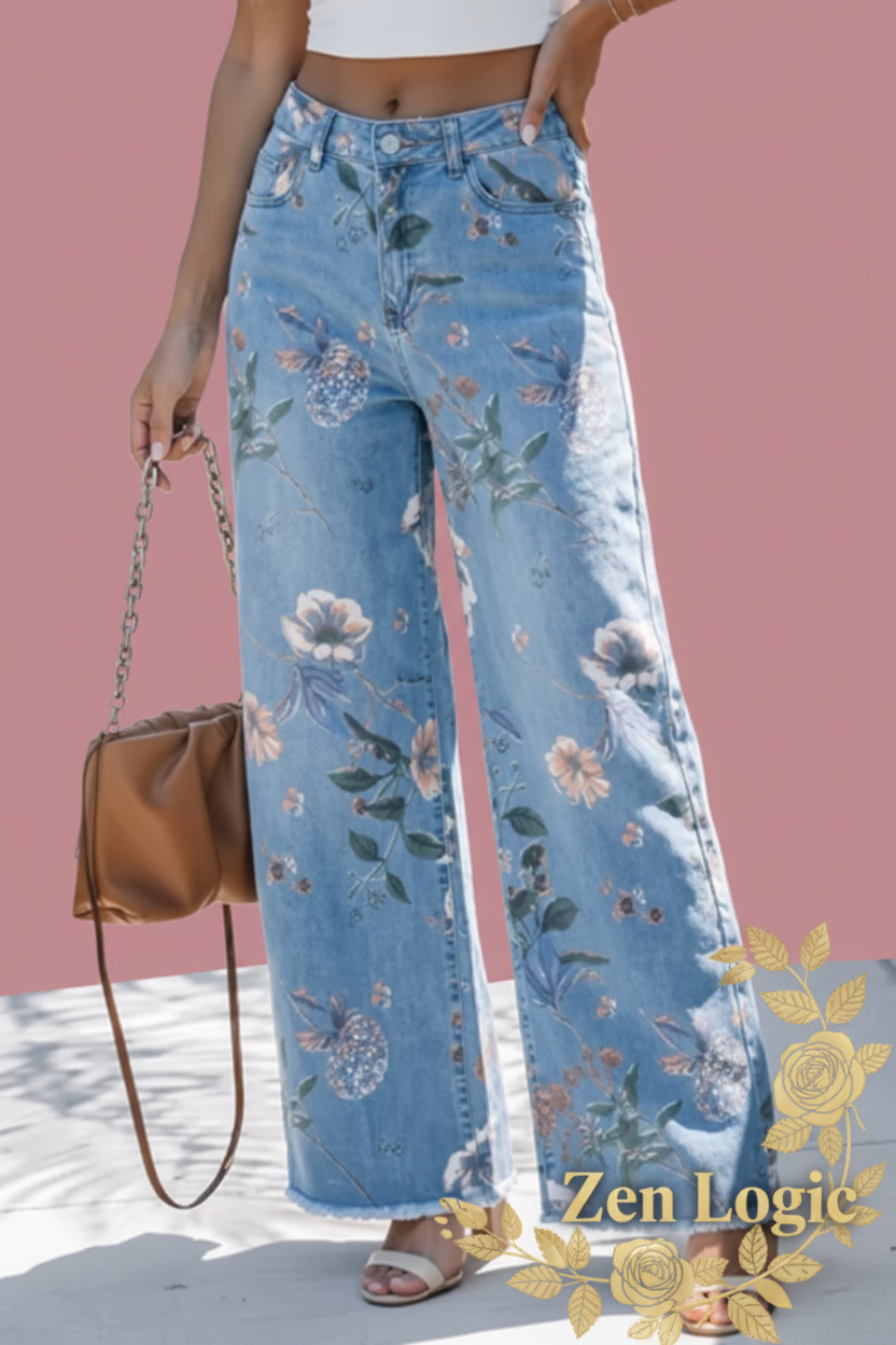 Floral Print Wide-Leg Jeans - Stylish Comfort for Every Occasion - Goldflame Elixir