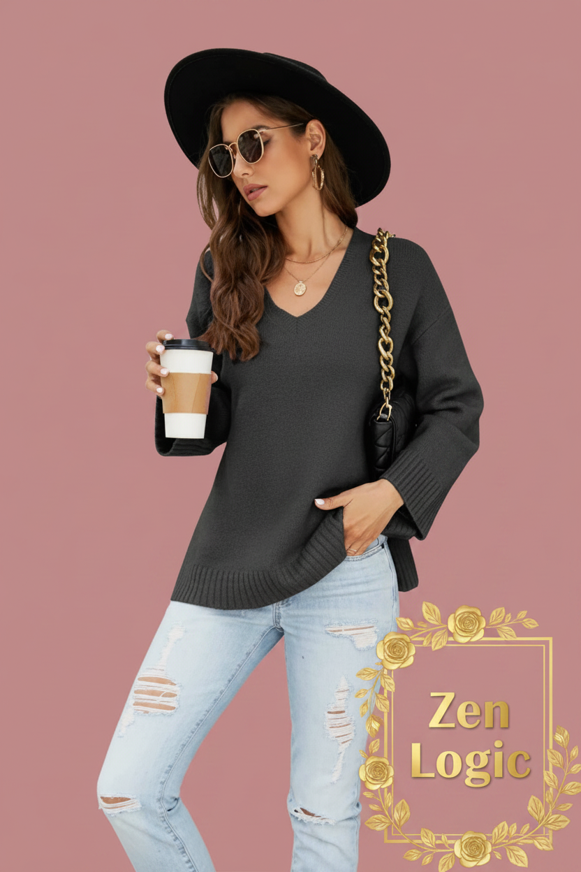Drop Shoulder V-Neck Knit Pullover – Effortless Style and Comfort - Goldflame Elixir