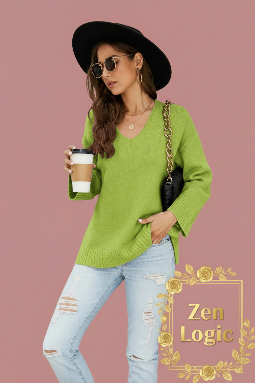 Drop Shoulder V-Neck Knit Pullover – Effortless Style and Comfort - Goldflame Elixir