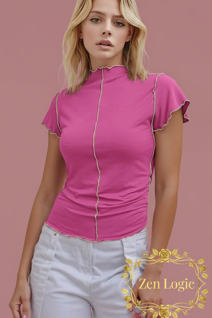 Ruffle Short Sleeve Slim Fit Casual Top - Basic Bae Mock Neck - Goldflame Elixir