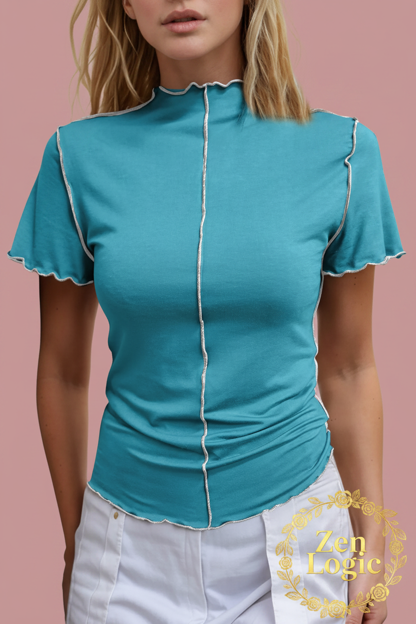 Ruffle Short Sleeve Slim Fit Casual Top - Basic Bae Mock Neck - Goldflame Elixir