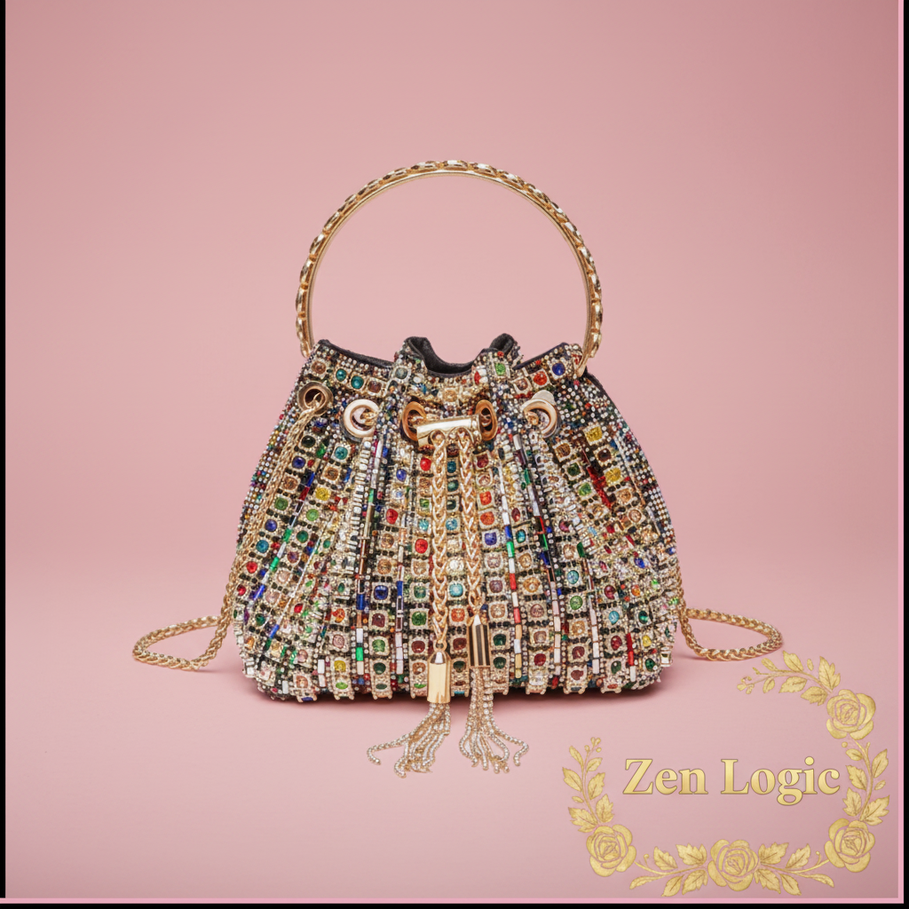 Rhinestone Embellished Bucket Crossbody Bag - Goldflame Elixir