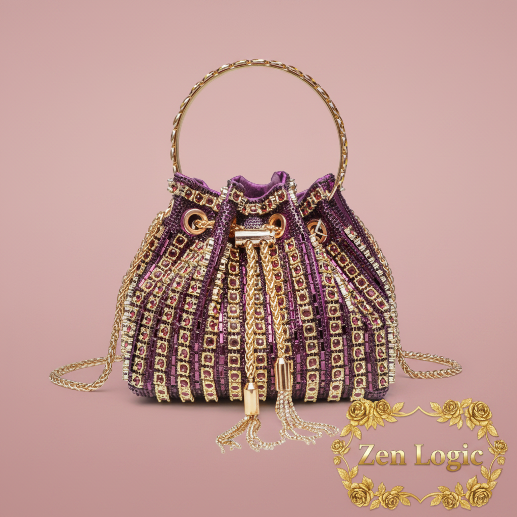 Rhinestone Embellished Bucket Crossbody Bag - Goldflame Elixir