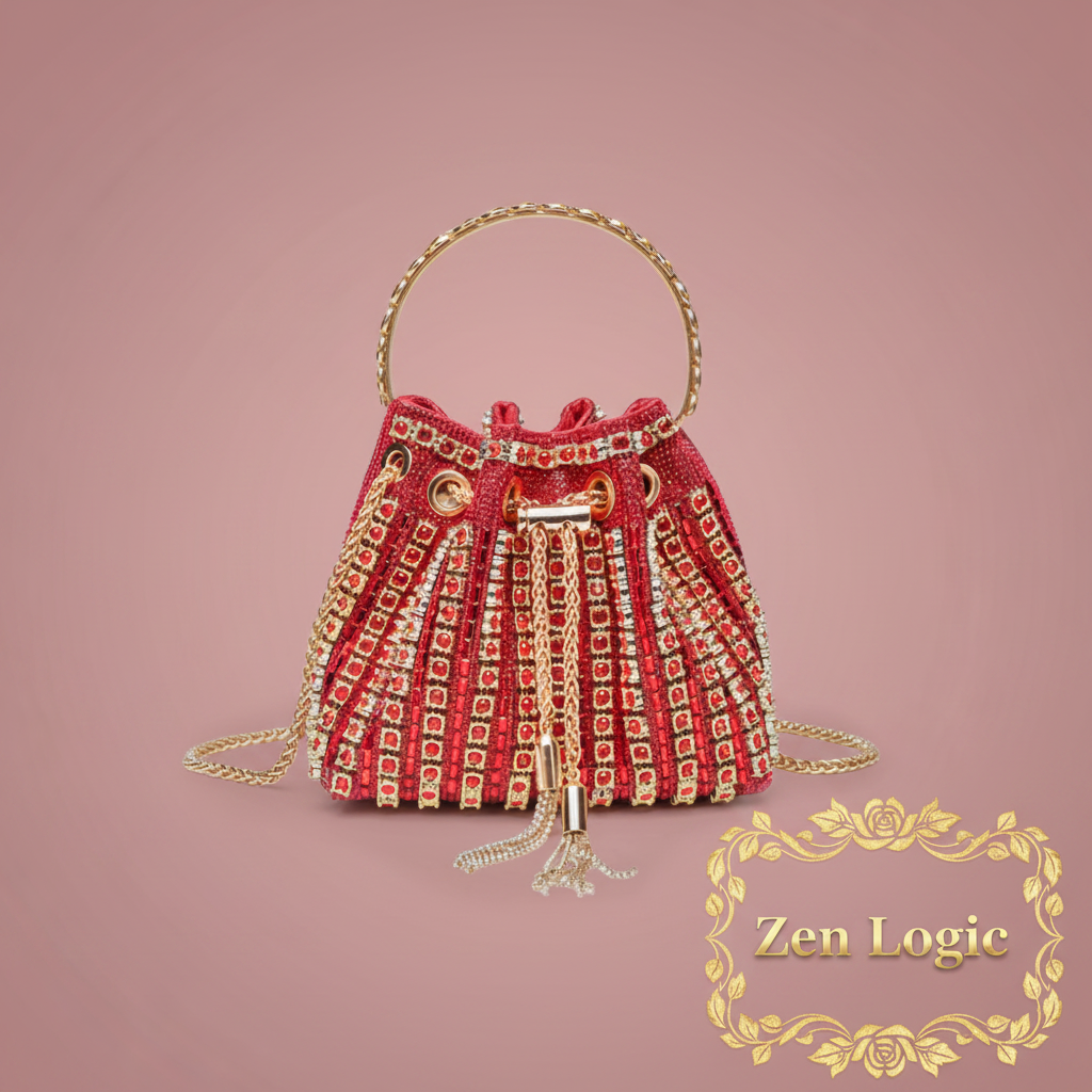 Rhinestone Embellished Bucket Crossbody Bag - Goldflame Elixir