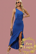 One-Shoulder Asymmetric Maxi Dress with Twist Detail - Goldflame Elixir
